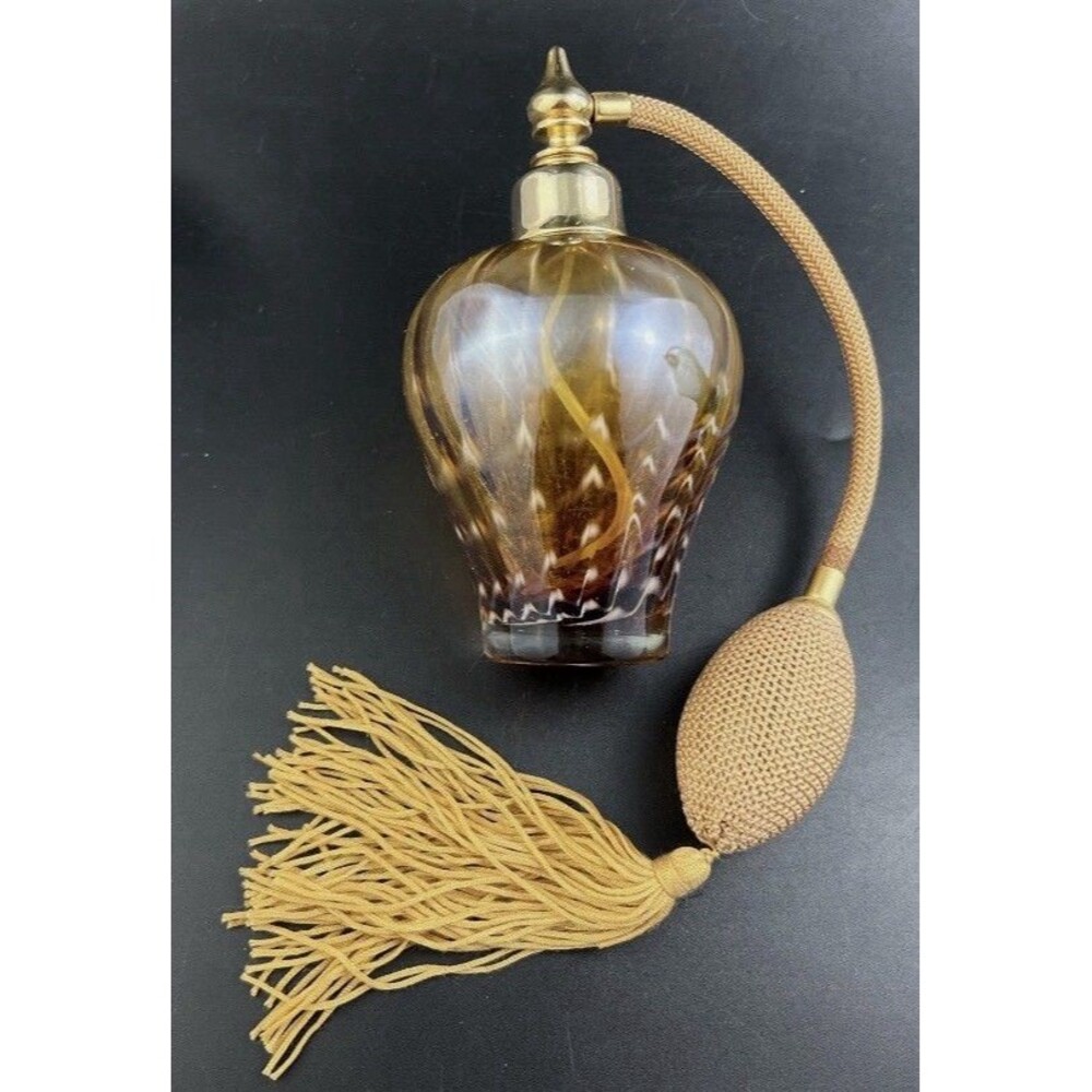 VTG Irice Amber Glass Brass Tall Perfume bottle w  Atomizer & tassel Never used